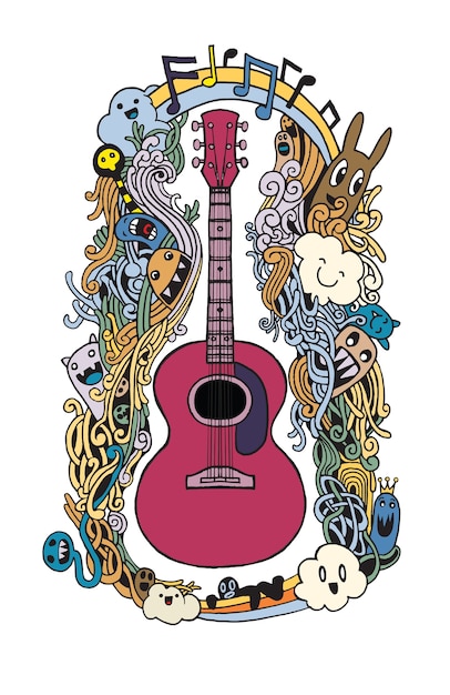 Hand drawing Doodle acoustic guitar,Flat Design