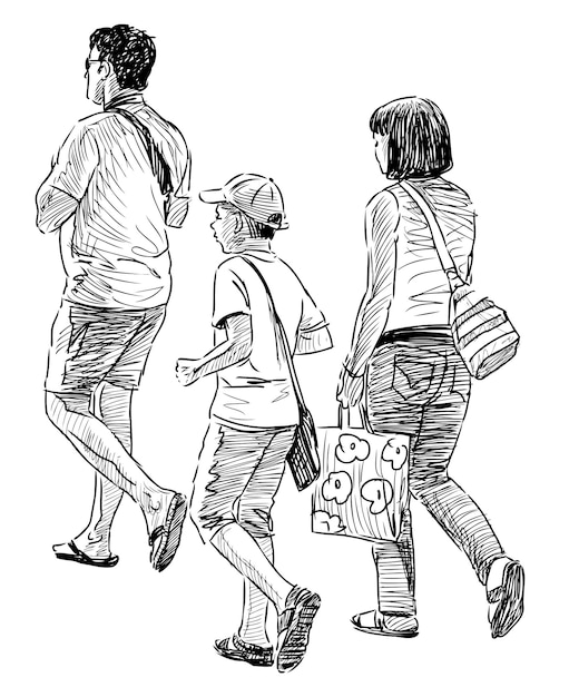 Hand drawing of family young townspeople walking outdoors on summer day