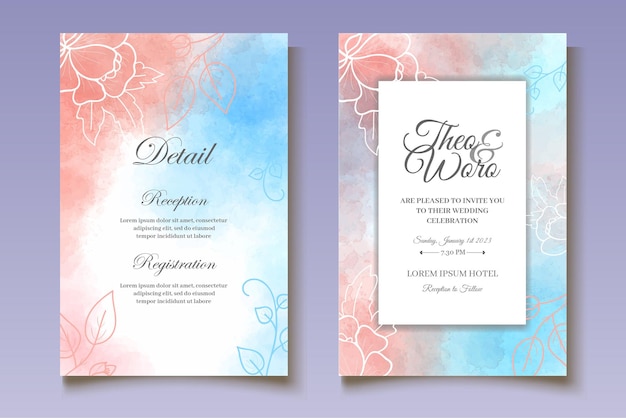 Hand Drawing Floral on Splash Background Wedding Card Set