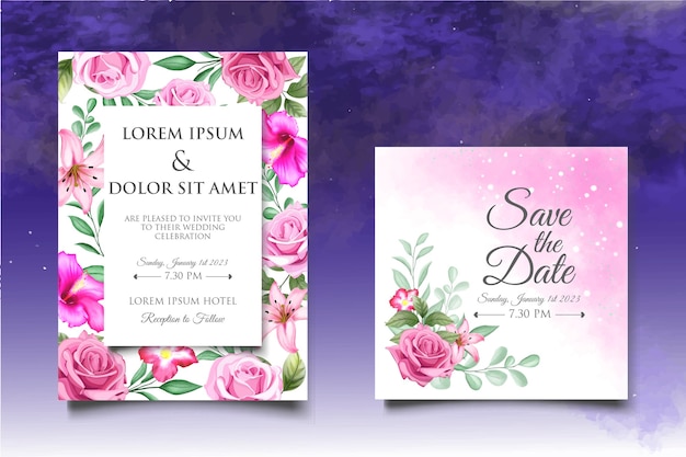 Hand drawing floral wedding invitation card template