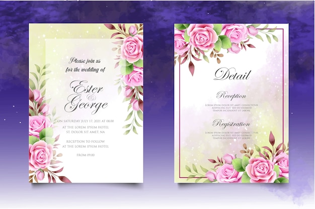 Hand drawing floral wedding invitation card