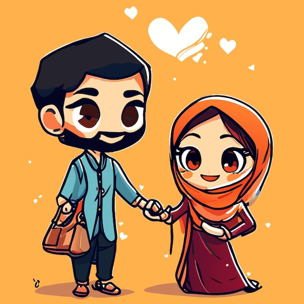 Vector a hand drawing full body muslim cute couple cartoon in isolated background vector illustration