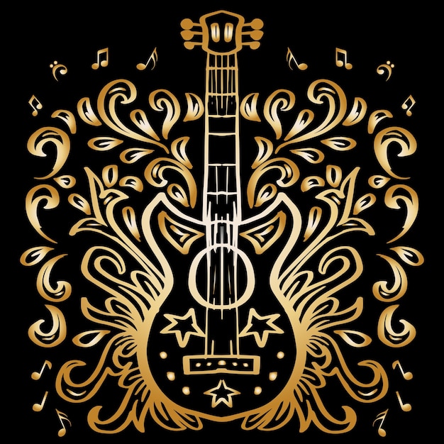 Hand drawing guitar icon with floral elements