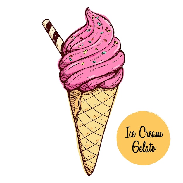 hand drawing Ice cream gelato cone with wafer stick roll