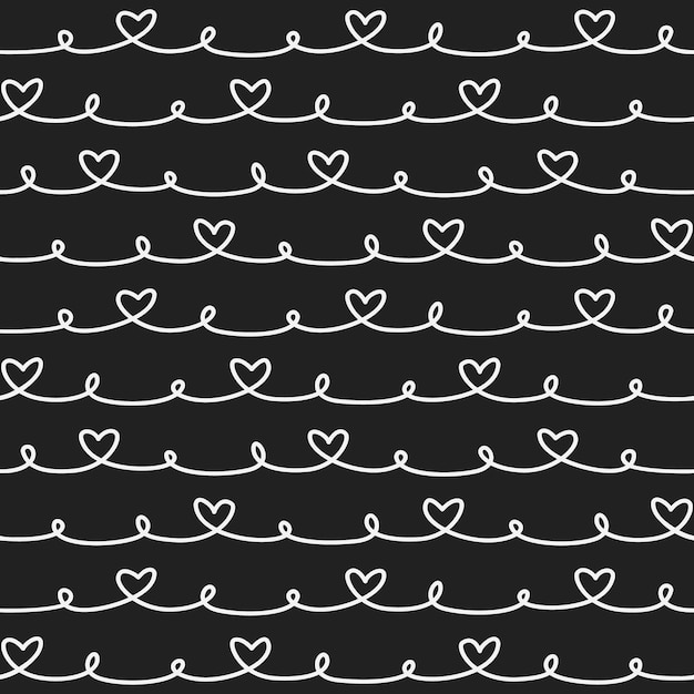 Hand drawing line art love heart seamless pattern isolated on black background