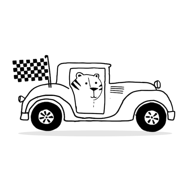 Hand drawing line art outline Car with tiger vector illustration graphic