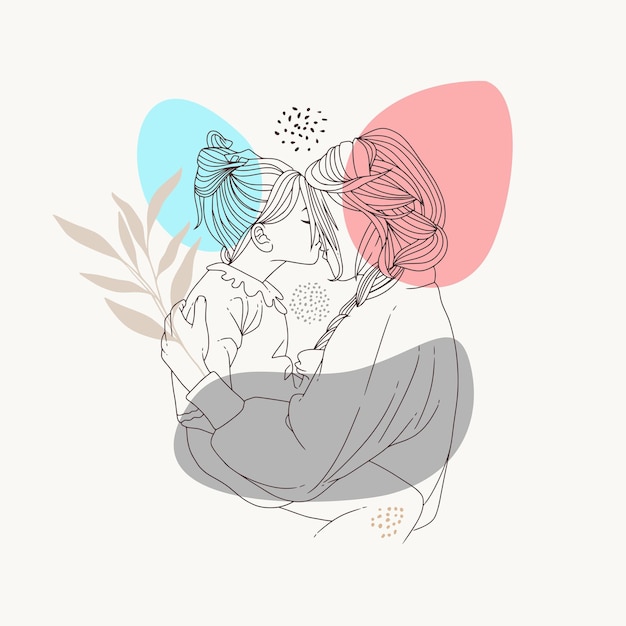 Hand drawing of mother hugging her child using line art style