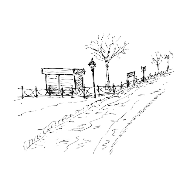 Hand drawing sketch of the winter park landscape with shed and lantern Perfect for Tshirt poster textile and prints Doodle vector illustration for decor and design