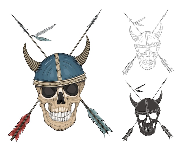 Hand drawing of a skull in a horned helmet and two arrows