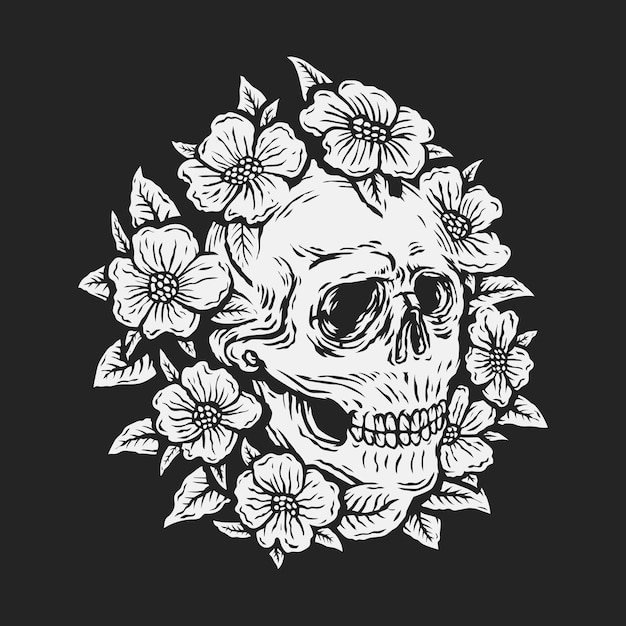 Hand drawing skull surrounded by rose flower vector illustration