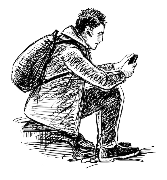 Hand drawing of student sitting outdoors and looking at smartphone