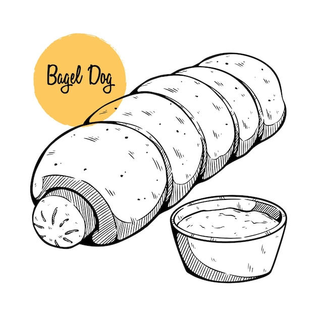 hand drawing tasty bagel dog food or hotdog with sauce