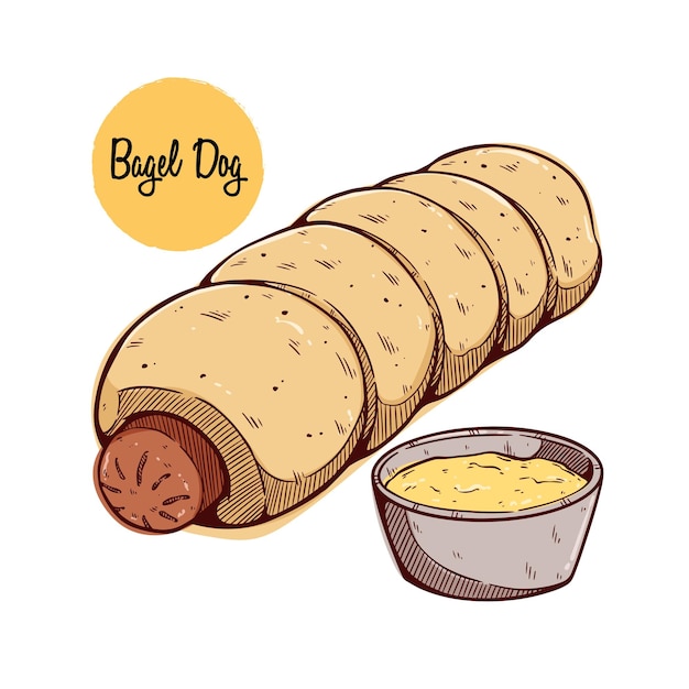 hand drawing tasty bagel dog food or hotdog with sauce