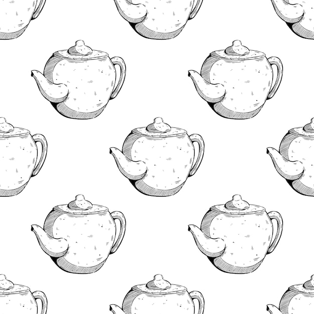 hand drawing teapot in seamless pattern vector illustration on white background