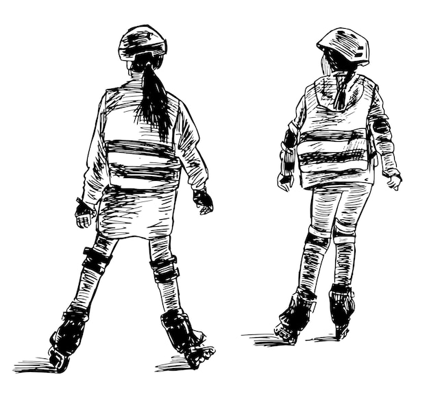 Hand drawing of two school girls skating on rollers