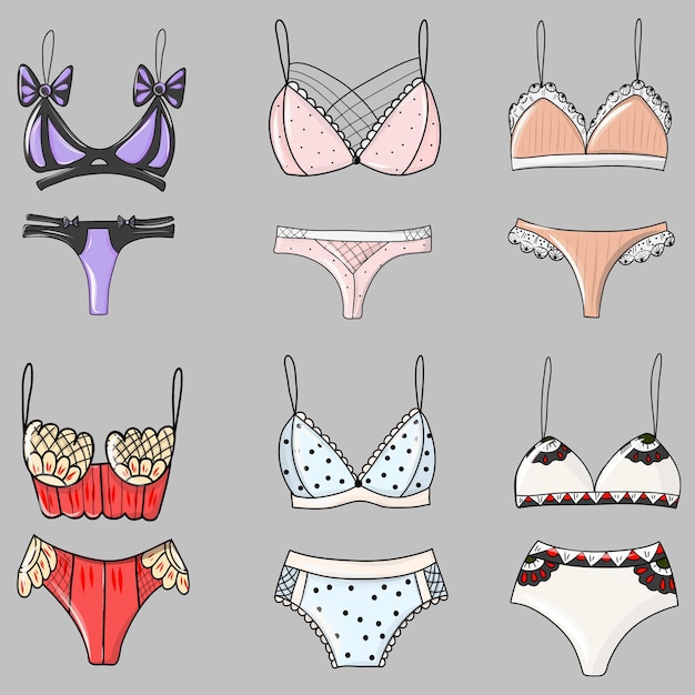 Hand drawing underwear for woman. Panties, bikinis and bras