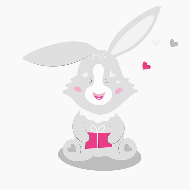 Hand drawing vector gray cute rabbit with a pink gift isolated on white background