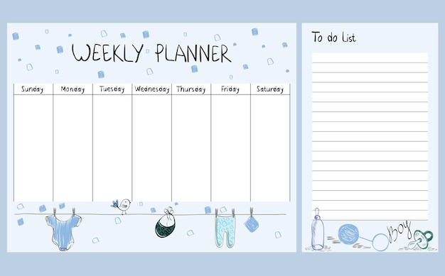 Hand drawing vector weekly planner with baby elements