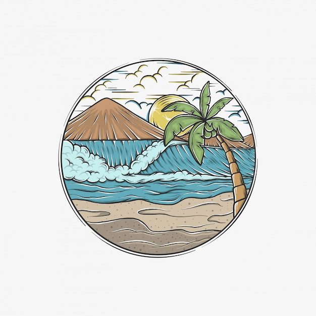 Hand drawing vintage waves beach vector illustration