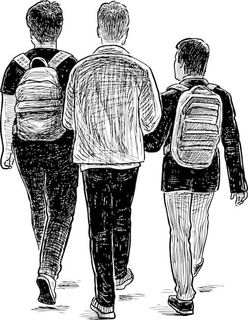 Hand drawing of walking teenage boys