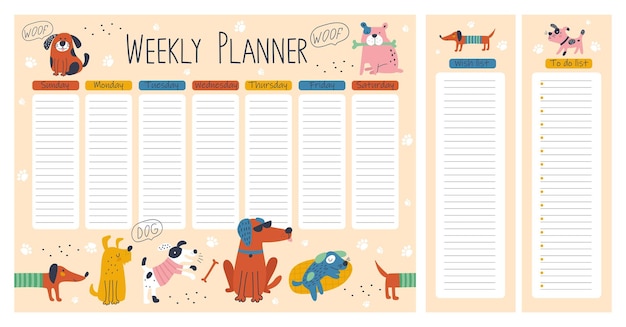 Hand drawing weekly planner with dogs Vector illustrations