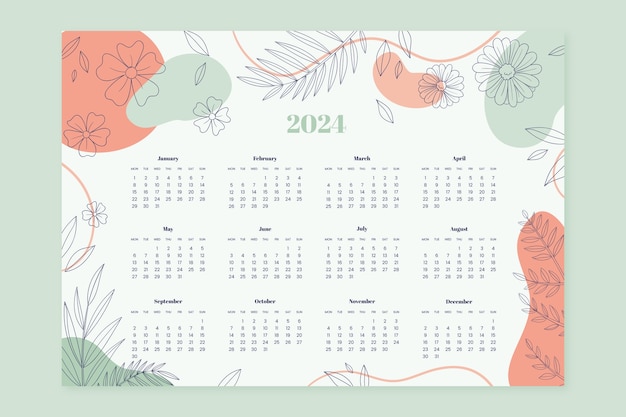 Hand drawn 2024 calendar template with leaves and abstract shapes