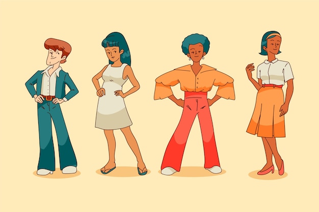 Hand drawn 60's decade characters illustration