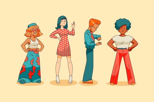 Vector hand drawn 60's decade characters illustration