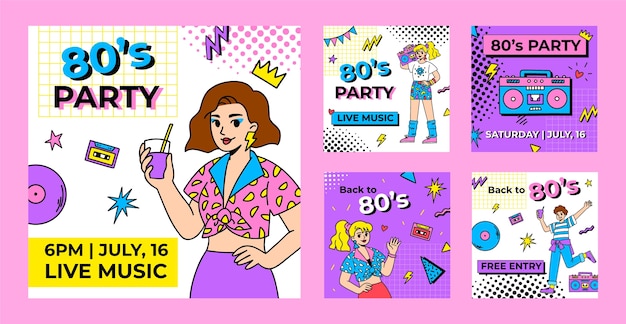 Hand drawn 80s party celebration instagram posts