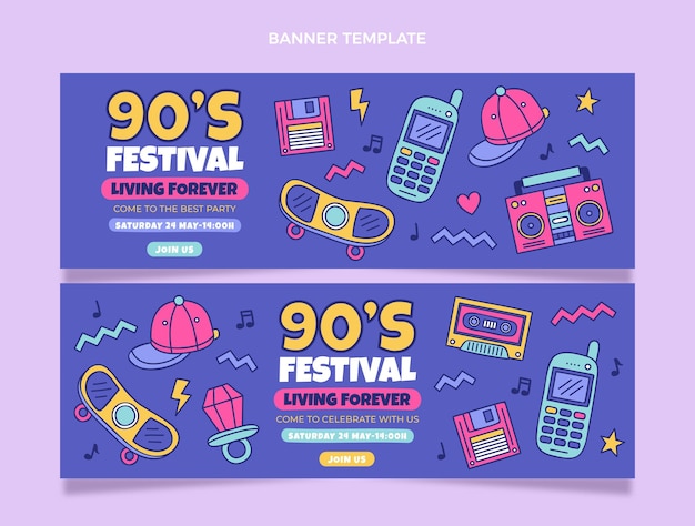 Hand drawn 90s music festival horizontal banners