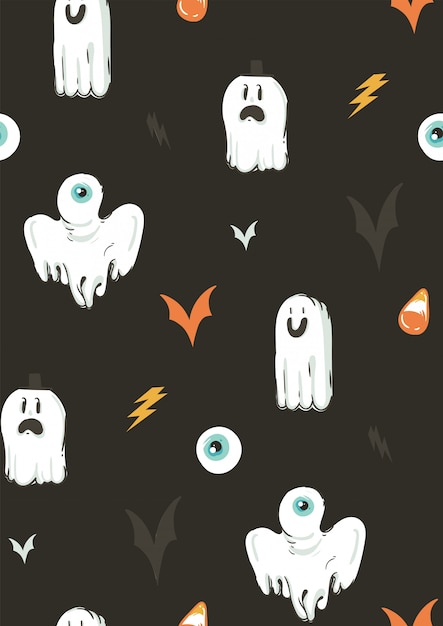 Hand drawn  abstract cartoon Happy Halloween illustrations collection seamless pattern with different funny ghosts decoration elements  on  background.