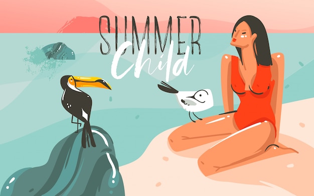 Hand drawn abstract cartoon summer time graphic illustrations art template background with ocean beach landscape,pink sunset,toucan bird and beauty girl with Summer Child typography quote