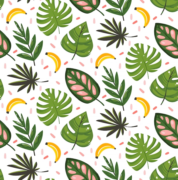 Hand drawn abstract cartoon summer time graphic illustrations seamless pattern with banana fruits and tropical palm leaves isolated on white background