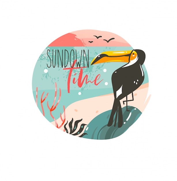 Hand drawn   abstract cartoon summer time graphic illustrations template background badge design with ocean beach landscape,pink sunset and beauty toucan bird with Sundown time typography text