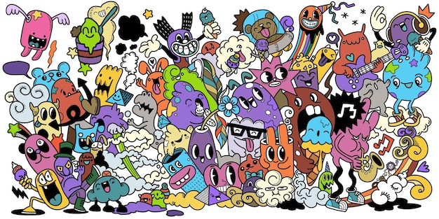 Hand drawn Abstract  cute Comic characters. Poster paintings of cheeky cartoon figures that are both beautiful and fun.