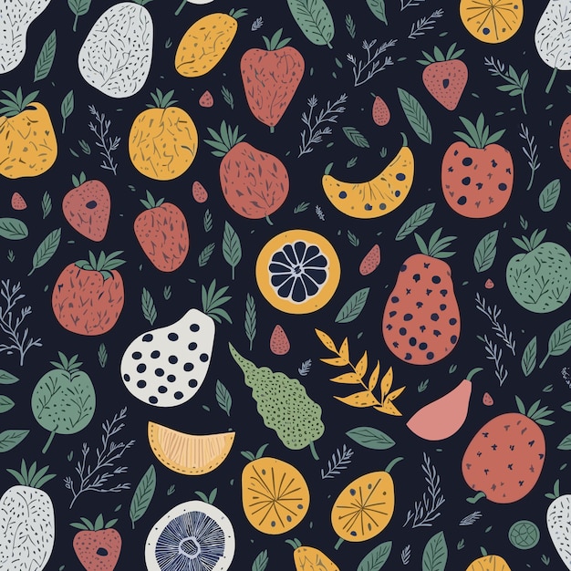 Hand drawn abstract fruits and flowers collage pattern Festival playful contemporary print Fashion