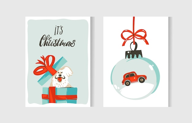 Hand drawn abstract fun Merry Christmas time cartoon cards collection set with cute illustrations,surprise gift boxes,dogs and handwritten modern calligraphy text isolated on white background.