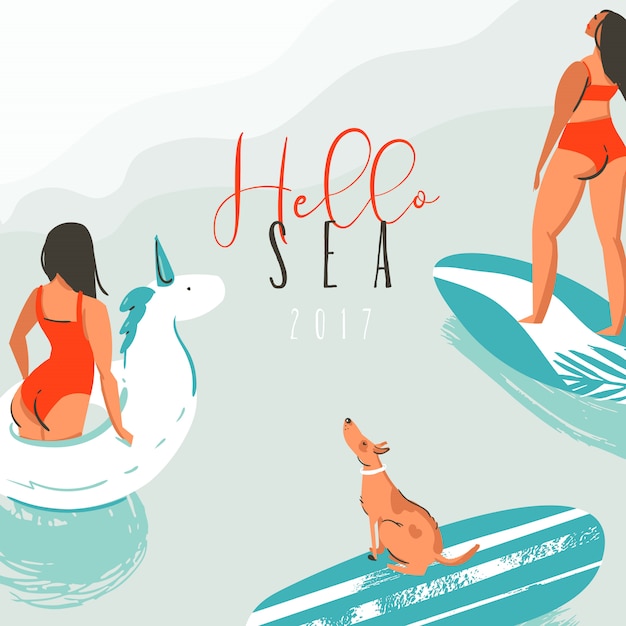 Hand drawn  abstract fun summer time illustration card with surfer girls,swimming unicorn circle,cute dog on surfboard and modern typography quote