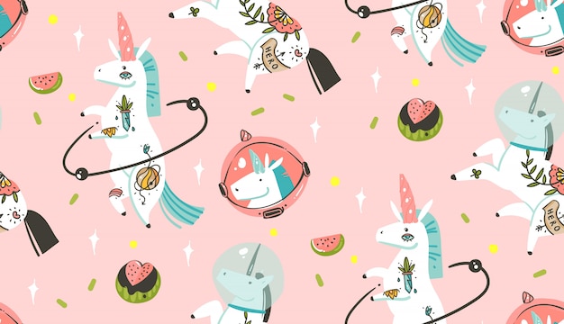 Hand drawn  abstract graphic creative cartoon illustrations seamless pattern with cosmonaut unicorns with old school tattoo and watermelon in cosmos isolated on pastel pink background