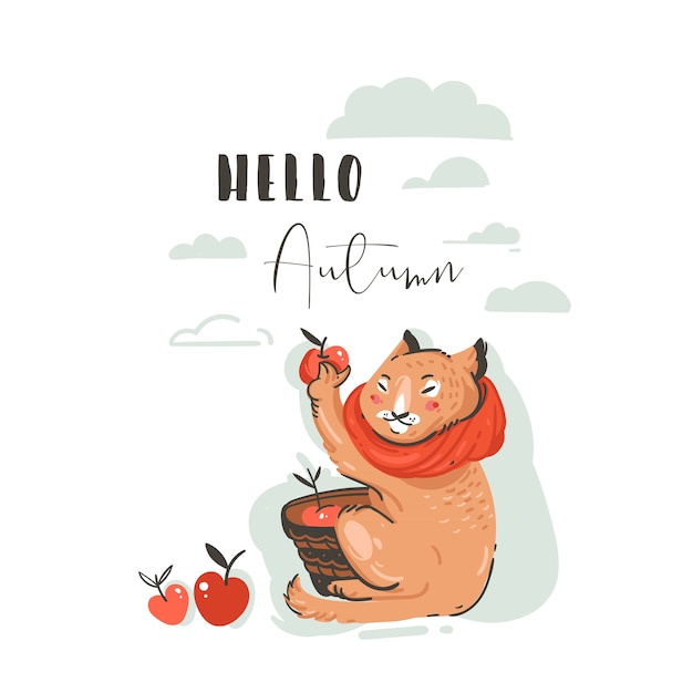 Hand drawn abstract greeting cartoon autumn illustration set with cute cat character collected apple harvest