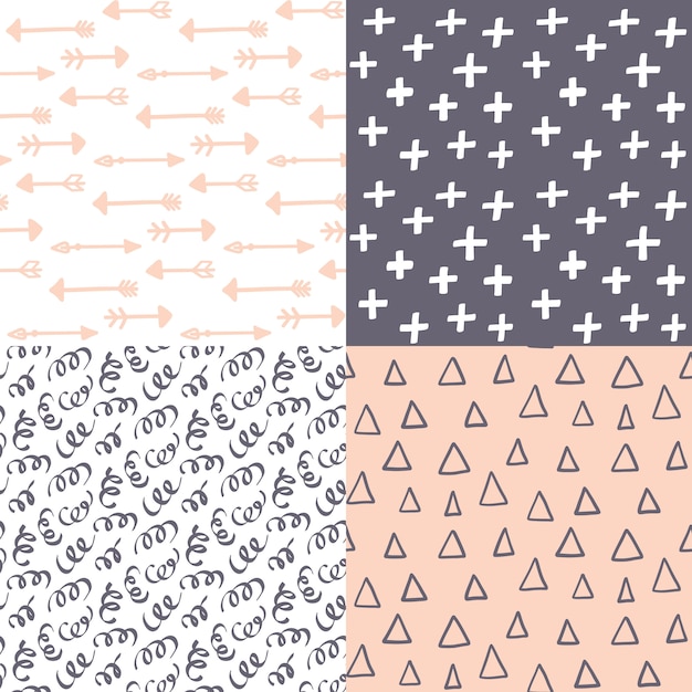 Hand drawn abstract seamless pattern set. 