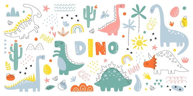 Hand drawn abstract shapes flat icons set Minimalistic colorful dinosaur arts Jurassic period