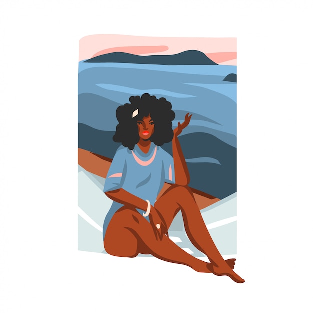 Hand drawn  abstract stock flat graphic illustration with young happy black afro american beauty female,on sundown beach scene isolated on white background