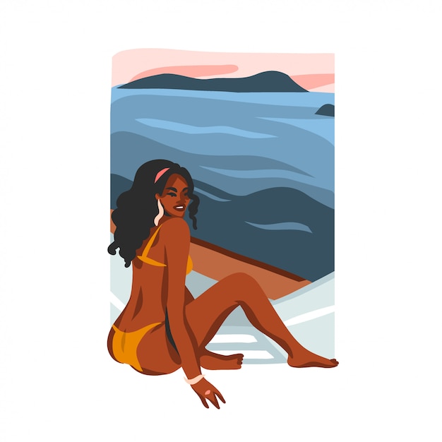 Hand drawn  abstract stock flat graphic illustration with young happy black afro american beauty female,in swimsuit on sundown beach scene isolated on white background