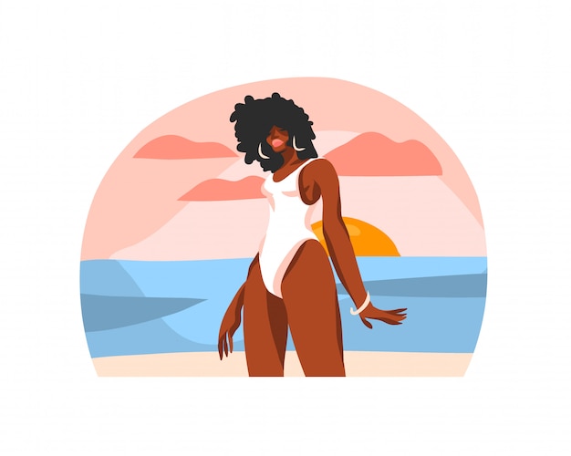 Hand drawn  abstract stock flat graphic illustration with young happy black afro american beauty female,in swimsuit on sundown beach scene isolated on white background