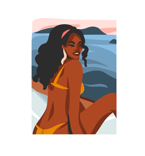 Hand drawn abstract stock flat graphic illustration with young happy black afro american beauty female,in swimsuit on sundown view scene isolated on white background.