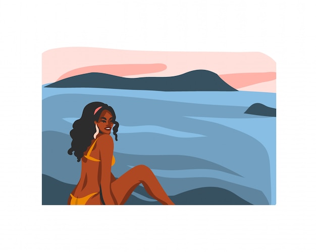 Hand drawn  abstract stock  graphic illustration with young happy  afro  beauty female,in swimsuit on sundown beach scene  on white background.