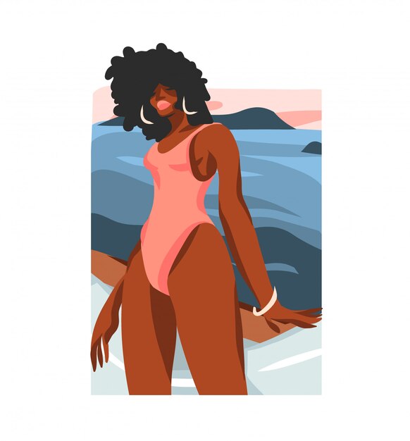 Hand drawn  abstract stock  graphic illustration with young happy  afro  beauty female,in swimsuit on sundown beach scene  on white background.