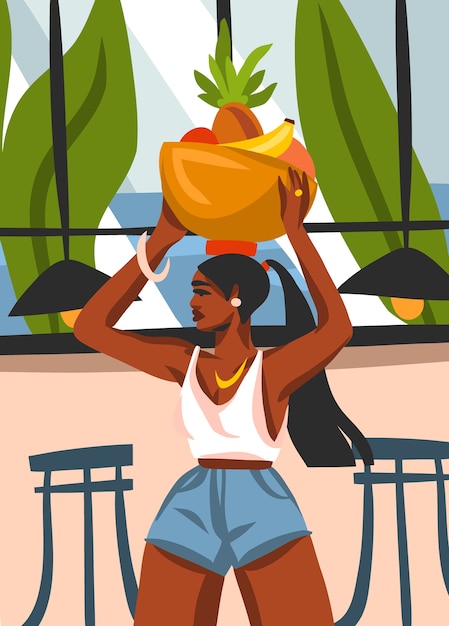 Hand drawn abstract stock graphic illustration with young happy black afro american beauty female, carries a basket of fruit on his head in urban cafe isolated on white background.