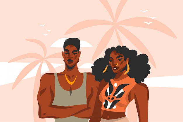 Hand drawn  abstract stock  graphic illustration with young ,happy black  beauty couple in fashion outfit on sundown view scene on the beach  on pink pastel background